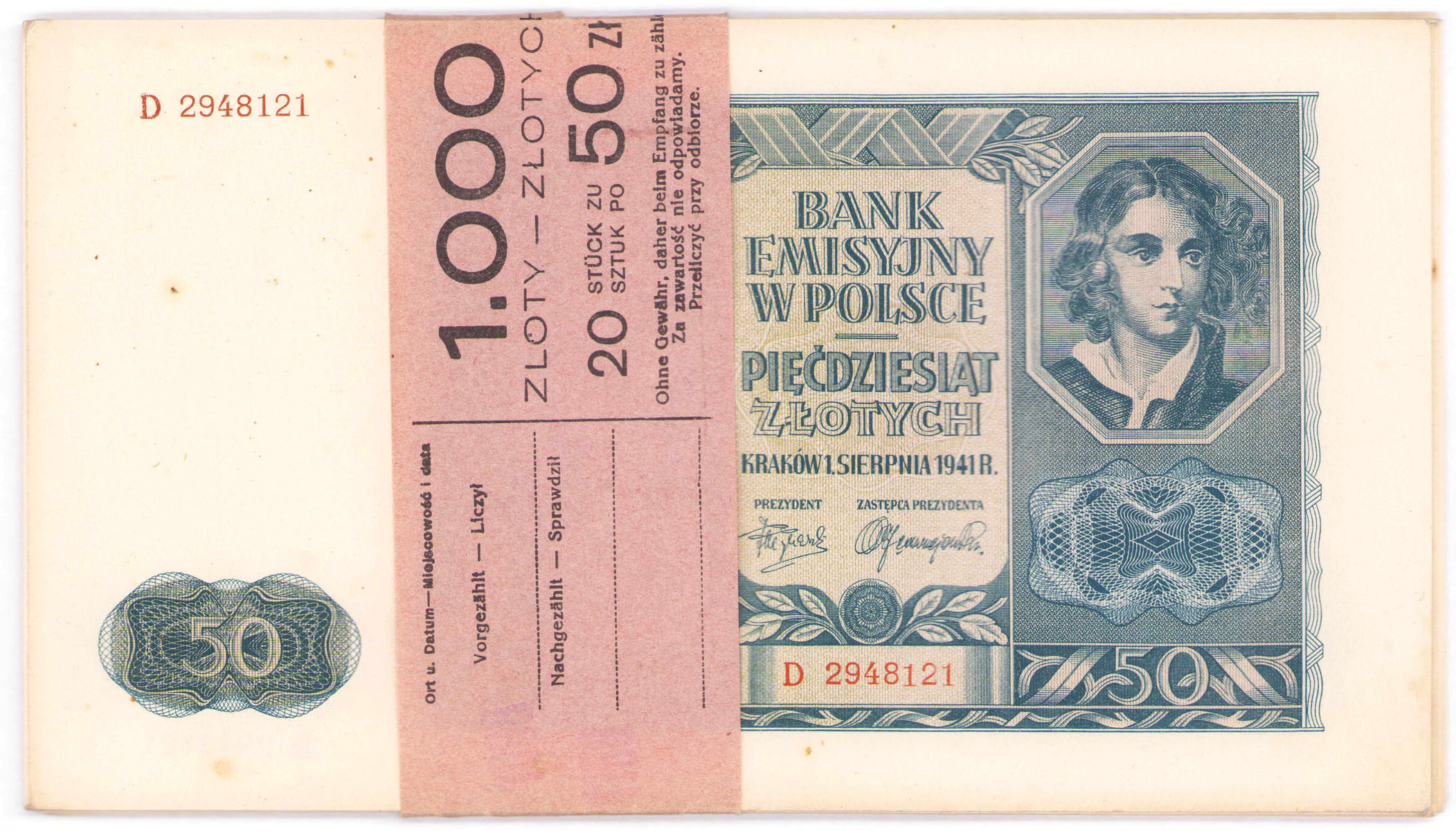 Banknoty 50 złotych 1941 - D - oryginalna paczka bankowa (20 szt.)